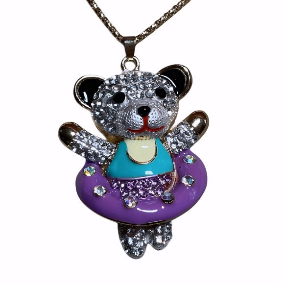 Betsey Johnson Teddy Bear Necklace, Gold Tone, Crystals, Purple Tutu, 28" Chain - Picture 3 of 10